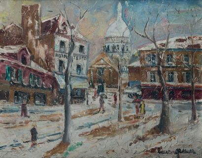 Lucien GENIN (1894 - 1953) Place du Tertre sous la neige Huile sur toile, signée...