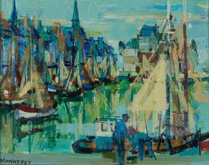 Jean MONNERET (né en 1922) Port de pêche Huile sur toile, signée en bas à gauche...