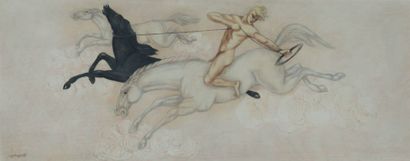 INGOLIT (?) La conquête du cheval Huile sur isorel, signée en bas à gauche 60 x 150...