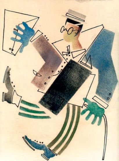 Attribués à Vladimir LEBEDEV (1891 - 1967) Homme aux lunettes Pochoir, encre de chine,...