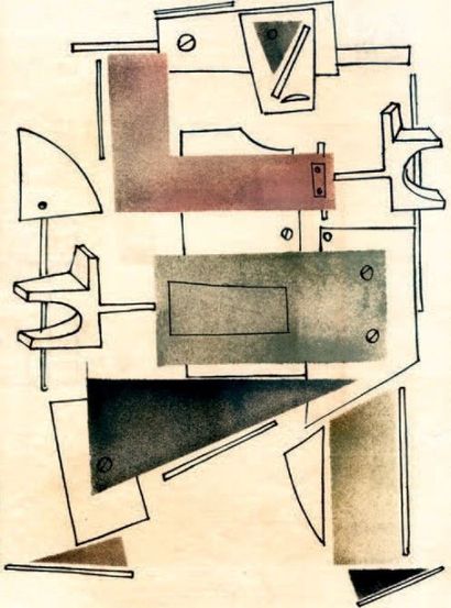 Attribués à Vladimir LEBEDEV (1891 - 1967) Pantin mécanique Pochoir, encre de chine,...