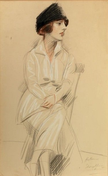 Paul-César HELLEU (1859 - 1927) Portrait de jeune femme à la toque noire Crayon de...