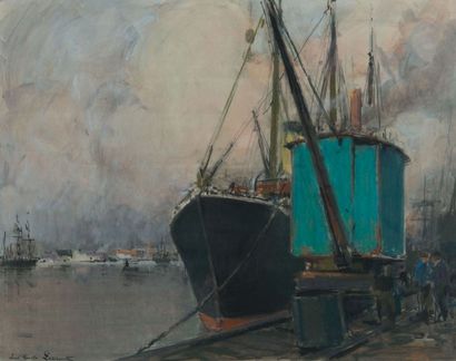 Paul Émile LECOMTE (1877 - 1950) Bateaux à quai Aquarelle, signée en bas à gauche...