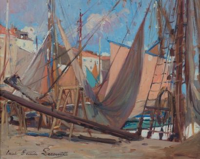 Paul Émile LECOMTE (1877 - 1950) Port dans le sud Huile sur carton, signée en bas...