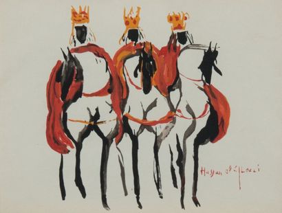 Hassan EL GLAOUI (1924) Les rois mages Encre et aquarelle sur papier, signée en bas...