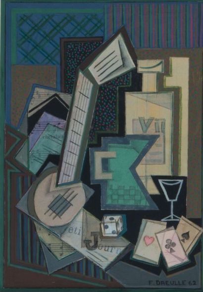 François DREULLE (Né en 1940) Guitare cubiste, 1962 Aquarelle et gouache, signée...