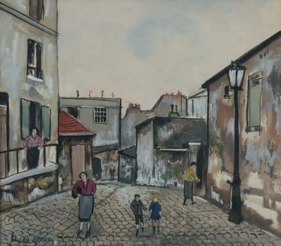 Lucien GENIN (1894 - 1953) Montmartre, une rue Gouache, signée en bas à gauche 32...