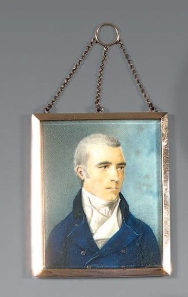 null Miniature rectangulaire sur ivoire: Portrait d'un homme en jaquette bleue à...