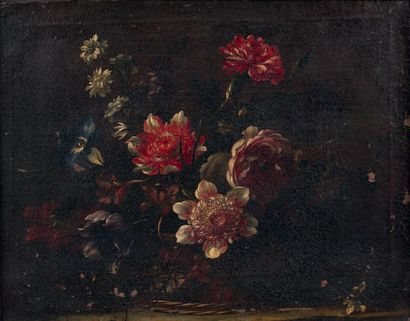 Attribué à Nicolas BAUDESSON (vers 1611 - 1680) 
Corbeille de fleurs sur un entablement
Toile....