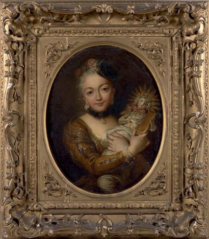 Attribué à Charles Antoine COYPEL (1694 - 1752) 
Jeune fille à la poupée
Toile ovale...
