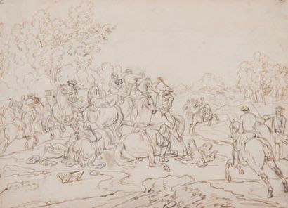Attribué à George Philippe RUGENDAS (1666 – 1742). 
Choc de cavalerie. 
Plume et...