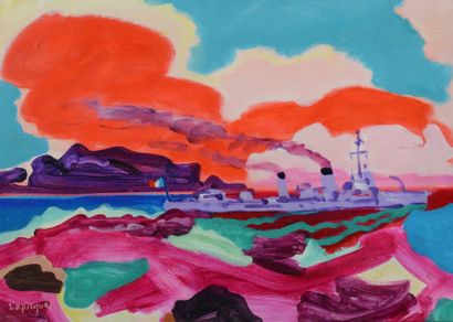 Charles LAPICQUE (1898 - 1988) Torpilleur côtier, 1974 Acrylique sur toile, signée...