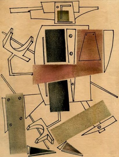 Attribués à Vladimir LEBEDEV (1891 - 1967) Homme mécanique
Pochoir, encre et aquarelle
29...