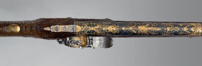 null Carabine de chasse à silex par Léopold Becher:
Canon octogonal bleui, légèrement...