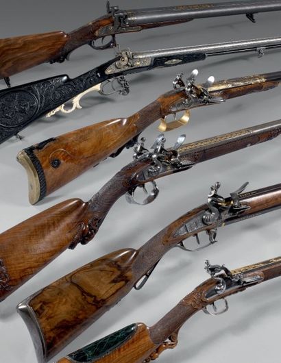 null Beau fusil de chasse à silex de la Manufacture de Versailles:
Double canon en...