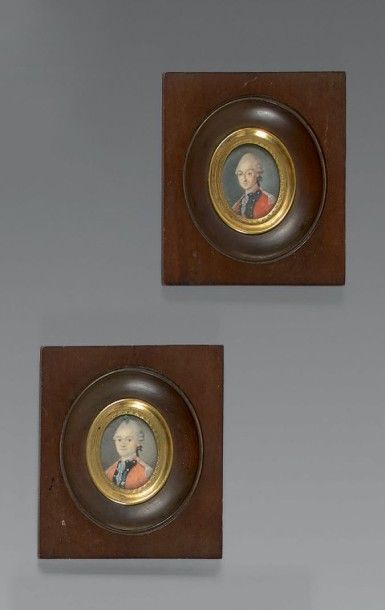 null Paire de miniatures ovales sur ivoire: Portraits de deux frères officiers au...
