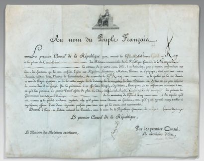 Bonaparte Premier Consul Diplôme sur vélin en partie imprimé avec vignette gravée...