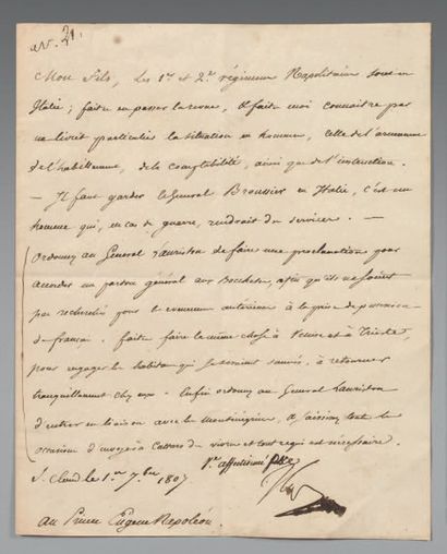 NAPOLEON Lettre manuscrite à son beau-fils le Prince Eugène concernant les 1er et...