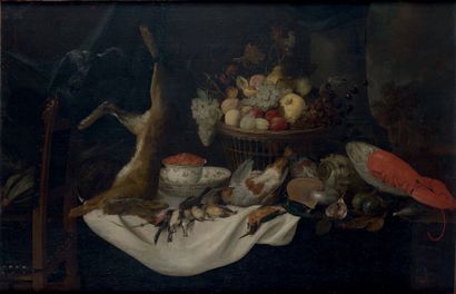 Pieter van OVERSCHIE (? - 1672) 
Lièvre, corbeille de fruits et gibier avec un perroquet,...