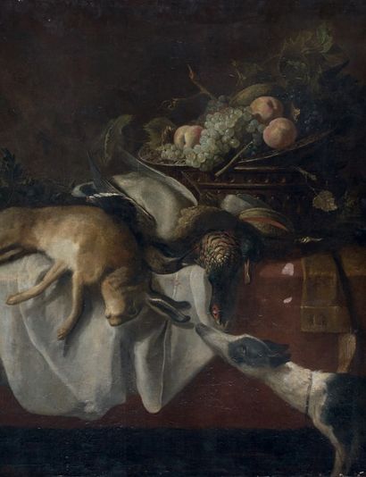 Pieter van BOUCLE (? 1610 - Paris 1673) 
Coupe de fruits, gibier et artichauts sur...