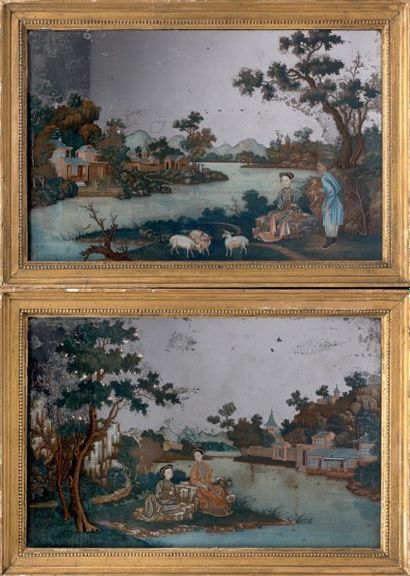 null Paire de miroirs et fixés-sous-verre rectangulaires finement peints de scènes...