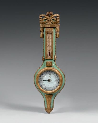 null Baromètre-thermomètre en bois mouluré, sculpté, doré et rechampi vert; le thermomètre...
