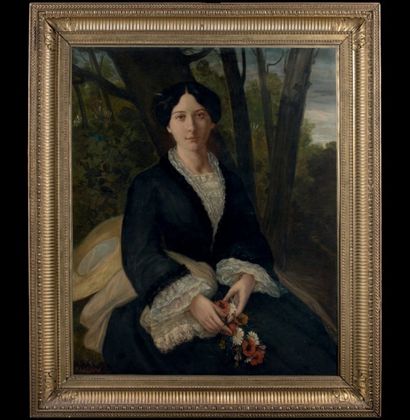 E.LE CYGNE (Actif au XIXème siècle) 
Portrait de femme dans un paysage
Toile
Signé...