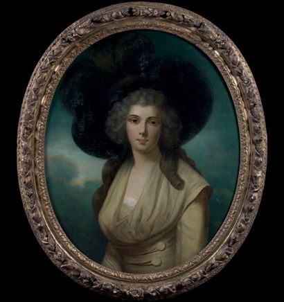 Ecole ANGLAISE du XIXème siècle 
Portrait de femme au grand chapeau
Toile ovale
Restaurations....