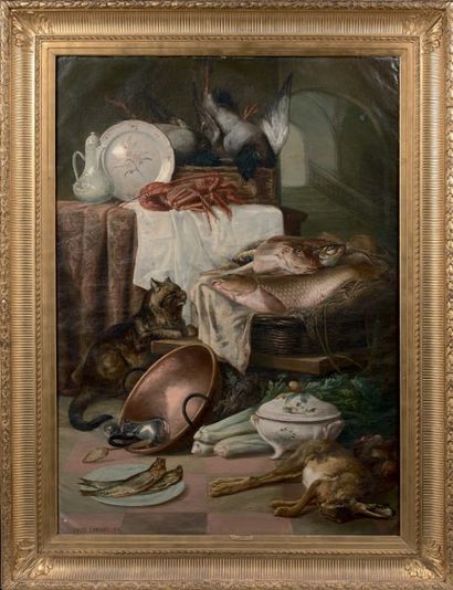 Jules CONTANT (Bordeaux 1822 - 1885) 
Nature morte aux chat, lièvre et homard
Sur...