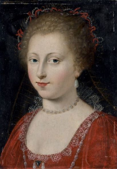 Ecole française du début du XVIIème siècle 
Portrait de femme à la robe rouge
Panneau...