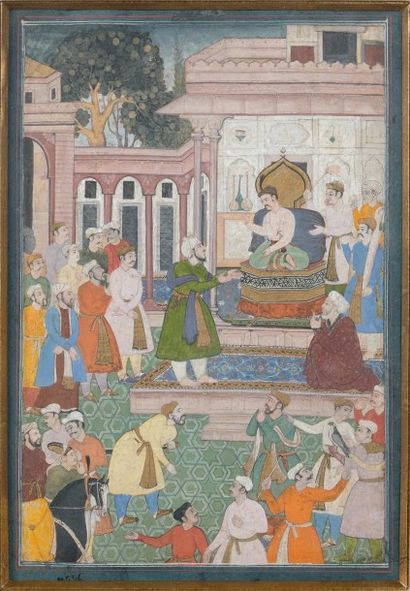 null L'Empereur moghol Akbar donne audience, Inde du Nord, fin du XVIème siècle
Gouache...