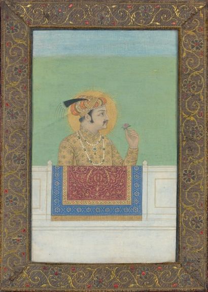 null Portrait de l'empereur moghol Shah Jahan tenant une rose, Inde du Nord, fin...