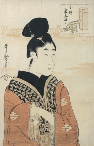 Kitagawa Utamaro (1753-1806) Oban tate-e, okubi-e de Kosho Kichisaburo jeune homme.
Signé...