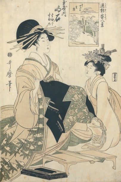 Kitagawa Utamaro (1753-1806) Oban tate-e de la série «Kayoi kuruwa sakari hakkei»,...