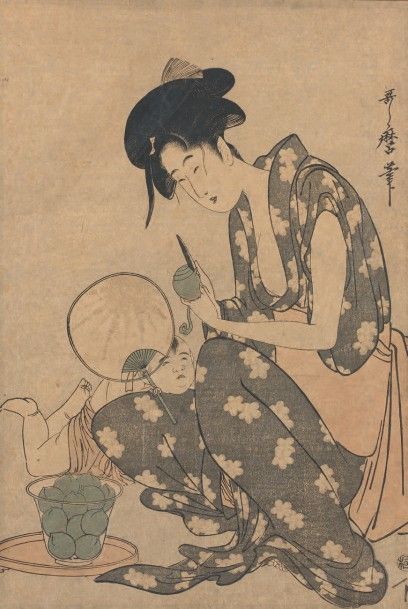 Kitagawa Utamaro (1753-1806) Oban tate-e représentant une jeune femme épluchant une...