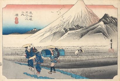 Utagawa Hiroshige (1797-1858) Oban yoko-e de la série «Tokaido gojusan tsugi no uchi»,...