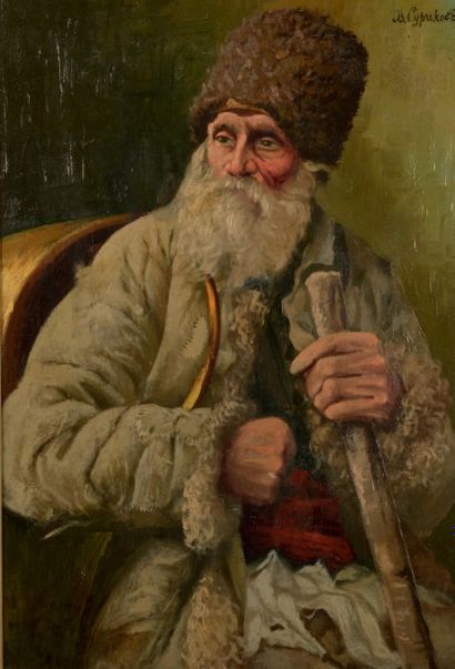 Vassilii SURIKOV (1848 - 1916) 
Le vieux cosaque
Huile sur toile, signée en haut...
