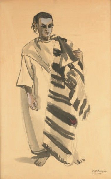 Yves Brayer (1907 - 1990) 
Marocain au tapis, 1928
Lavis d'encre, rehaussé de rouge,...