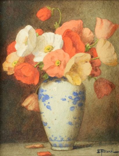 Ernest FILLIARD (1868 - 1933) 
Vase au bouquet de pavots
Aquarelle signée en bas...