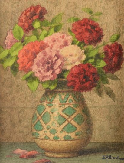 Ernest FILLIARD (1868 - 1933) 
Vase au bouquet de dahlias pompons
Aquarelle signée...