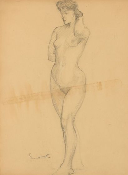 Emile-Othon FRIESZ (1879 - 1949) 
Modèle nu debout
Dessin au crayon noir et à l'estompe,...