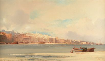 Jean-Baptiste Henri DURAN BRAGER (1814 - 1879) 
Maroc, barques devant les remparts...