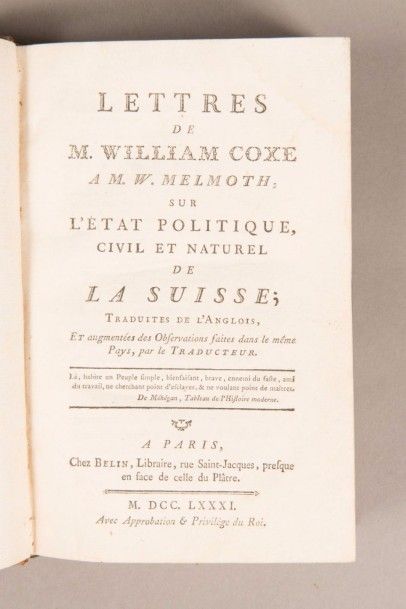 COXE (William) Lettres à M. W. Melmoth, sur l'état politique, civil et naturel de...