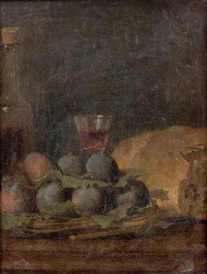 François Xavier VISPRE (Paris 1730 - Londres 1790) Corbeille de prunes avec une bouteille...