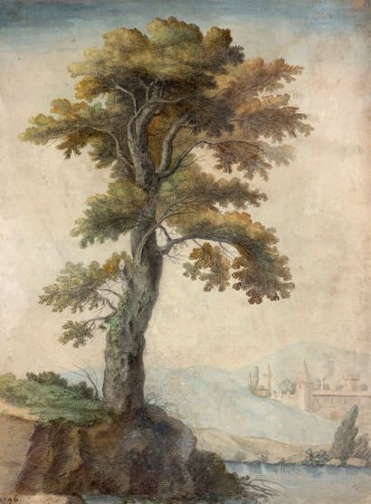 Ecole Hollandaise vers 1700 Paysage au grand arbre et au château fort
Pierre noire,...