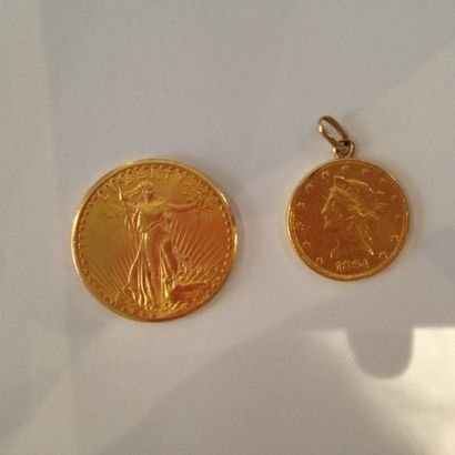 null Lot de 2 pièces en or : 20 dollars or 1927 et 10 dollars 1894 or monté en p...
