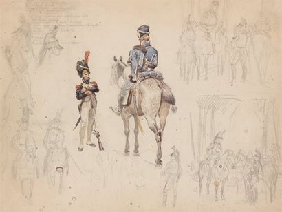 Édouard Detaille (1848/1912) attribué à dessin double face au crayon : étude de militaires...