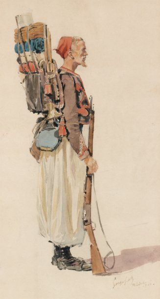 Georges Scott, né en 1873 dessin aquarellé, signé et daté : " Blida 1906" : Caporal...