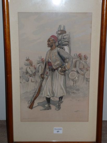 Lajoux dessin aquarellé, signé en bas à gauche : Zouave du 3e régiment au repos,...