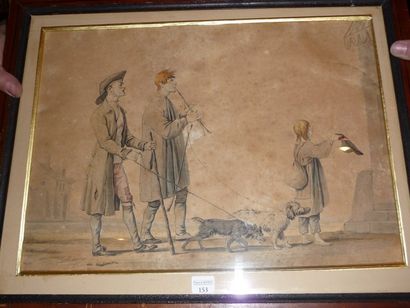 ECOLE FRANCAISE DU XIXème siècle Les musiciens ambulants Plume et encre grise, aquarelle....